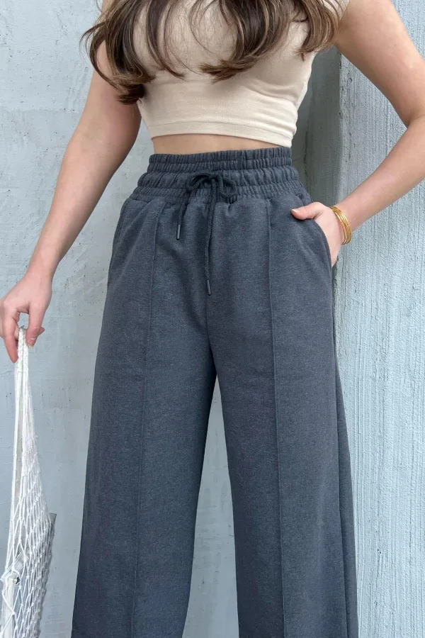 Kadın Mevsimlik Salaş Geniş Paça Yüksek Bel Antrasit Eşofman Altı