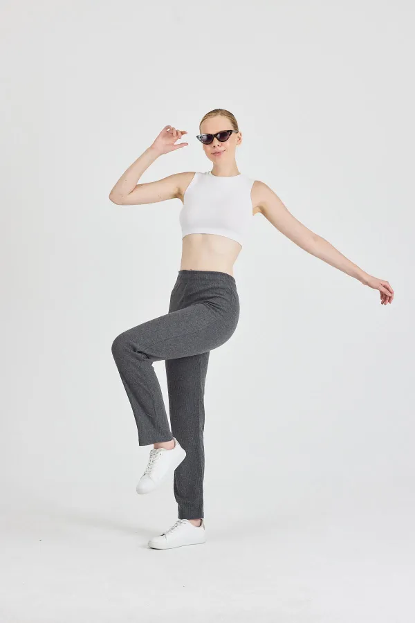 Füme Fitilli Geniş Paça Pamuklu İnce Yüksek Bel Kadın Eşofman Altı