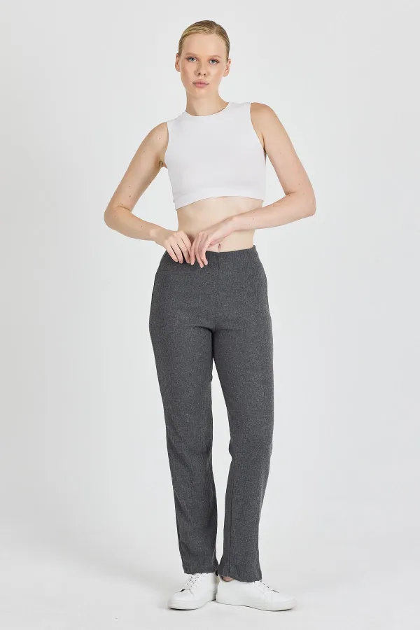 Füme Fitilli Geniş Paça Pamuklu İnce Yüksek Bel Kadın Eşofman Altı