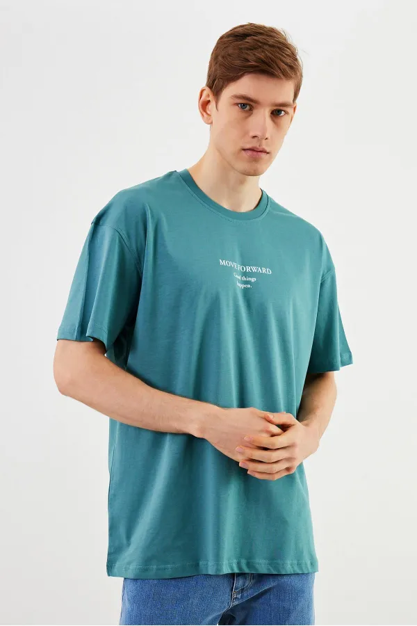 T-shirt oversize homme Leo 100 % coton, col rond, imprimé, modèle basique MTLCE84
