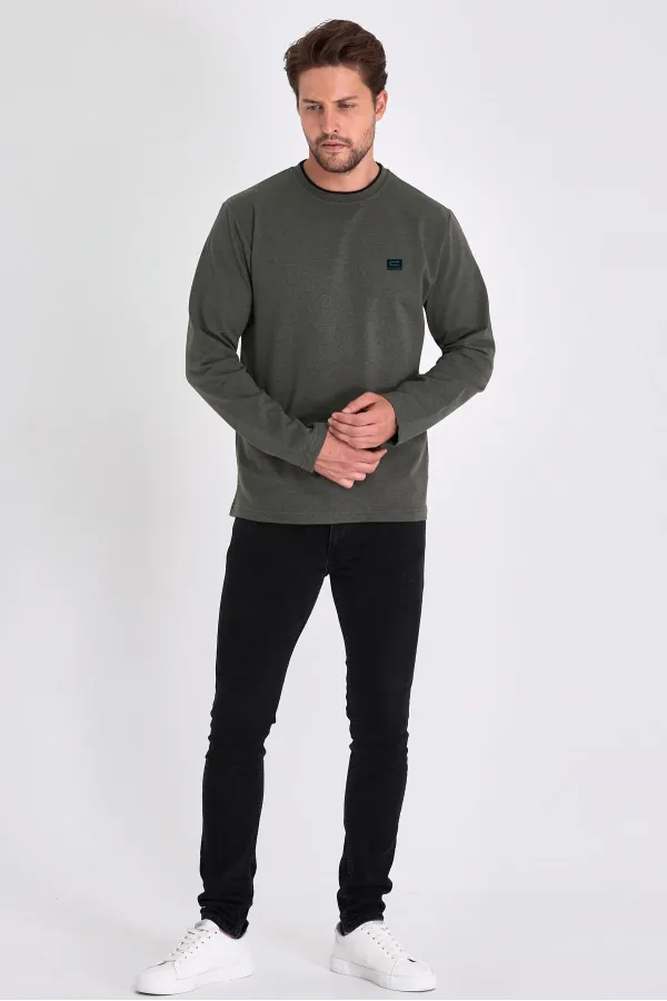 Erkek Haki Çift Bisiklet Yaka Baskı Detaylı Standart Rahat Kesim Sweatshirt
