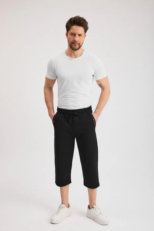Short bermuda noir pour homme, longueur genou, style capri, avec poches latérales et taille élastique ajustable MTLCE108