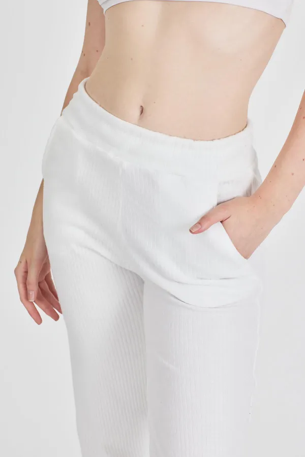 Off-white ribbed wide-leg corset high-waisted women's sweatpants with pockets
