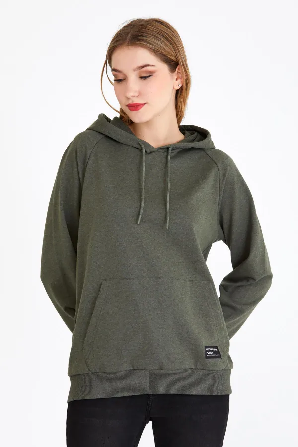 Women's Khaki Color Hooded Basic Knitted Sweatshirt