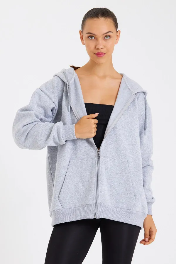 Kadın Kanguru Cepli Kapüşonlu Fermuarlı İçi Polarlı Hırka