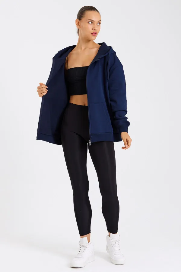 Kadın Kanguru Cepli Kapüşonlu Fermuarlı İçi Polarlı Hırka