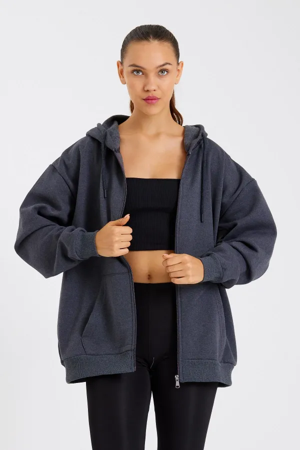 Kadın Kanguru Cepli Kapüşonlu Fermuarlı İçi Polarlı Hırka