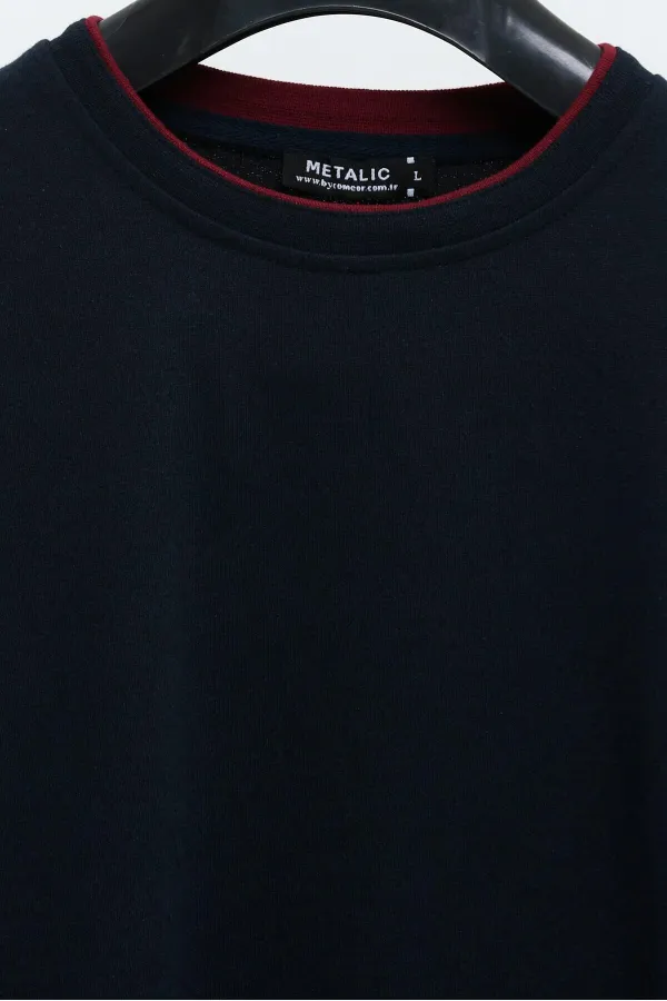 Men's Navy Blue Double Crew Neck Sweatshirt with Print Detail, Standard Relaxed Fit