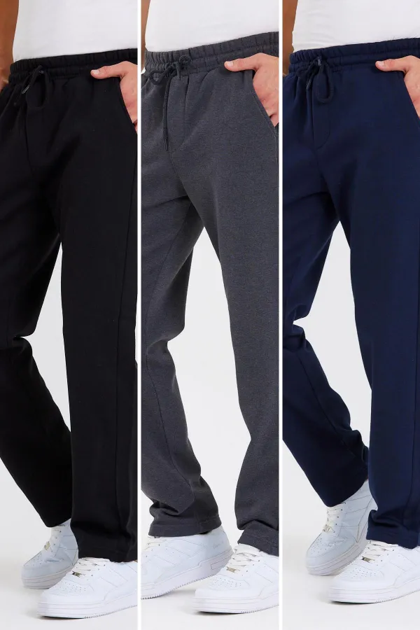 Siyah-Antrasit-Lacivert Arka Cepli Etiket Detaylı Düz Paça Erkek Içi Pamuklu 3lü Eşofman Altı Paketi