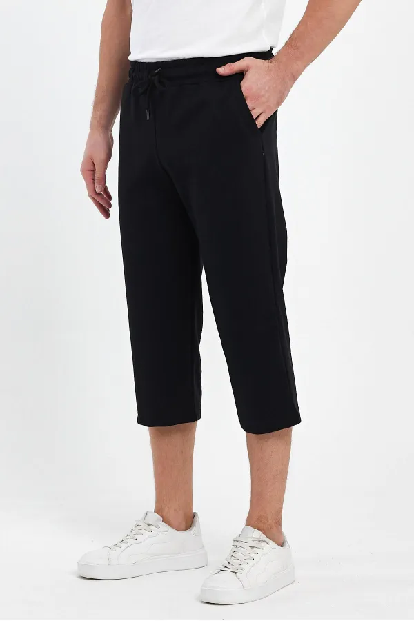 Short bermuda noir pour homme, longueur genou, style capri, avec poches latérales et taille élastique ajustable MTLCE74