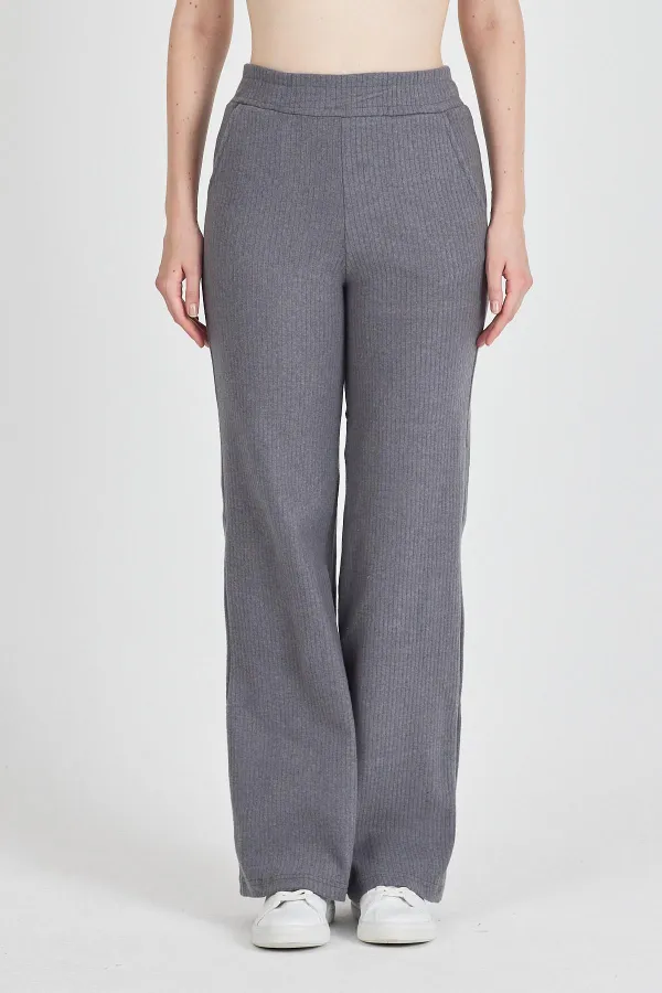 Füme Fitilli Geniş Paça Kaşkorse Yüksek Bel Cepli Kadın Eşofman Altı