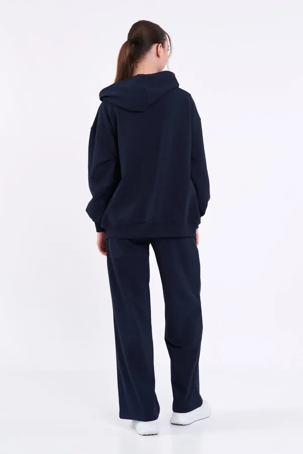 Ensemble de survêtement oversize bleu marine pour femme, coupe classique, taille élastique, capuche (haut et bas).