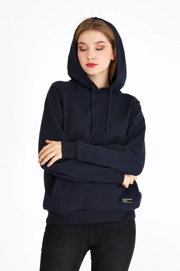 Kadın Lacivert Renk Kapüşonlu Basic Örme Sweatshirt