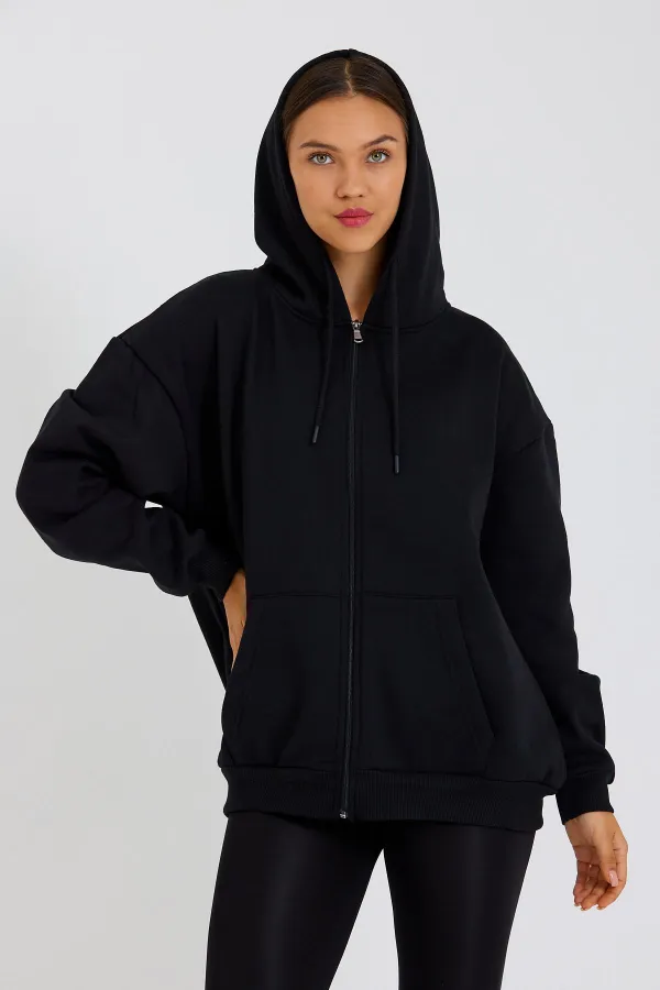 Gilet polaire zippé à capuche avec poche kangourou pour femme