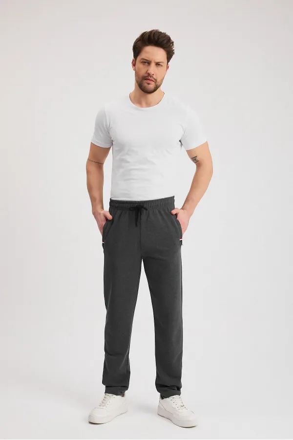 Antrasit Erkek Fermuarlı Cepli Nakış Detaylı Düz Paça Rahat Kesim Günlük Eşofman Altı