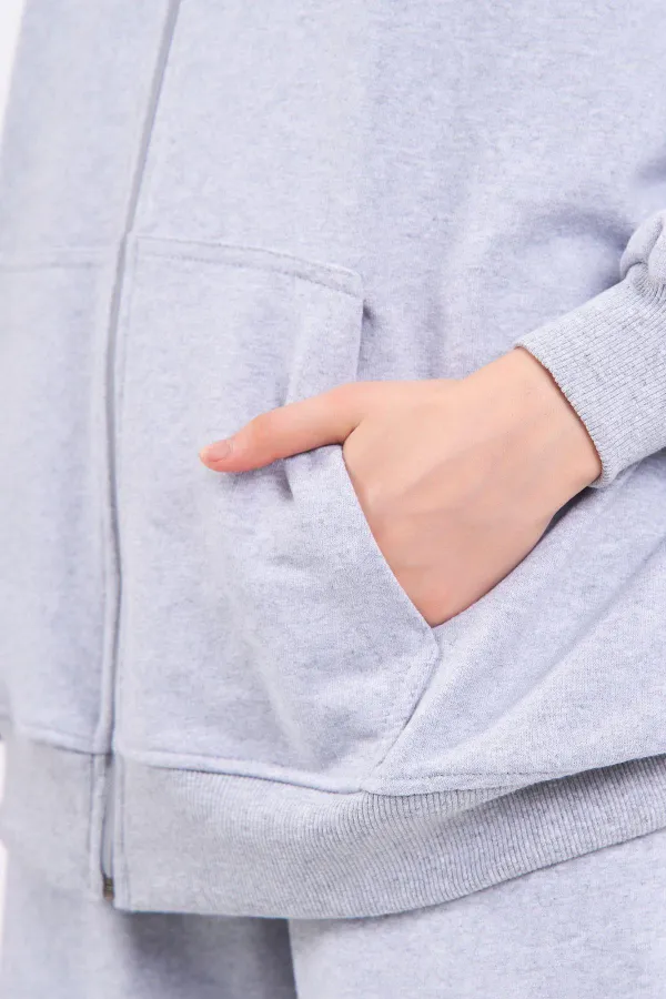 Gri Kanguru Cepli Kapüşonlu Fermuarlı Oversize Kadın Sweatshirt