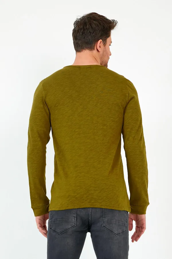 Haki Unisex Regular Fit Bisiklet Yaka Uzun Kollu  Şeritli Sweat MTLC0-H1