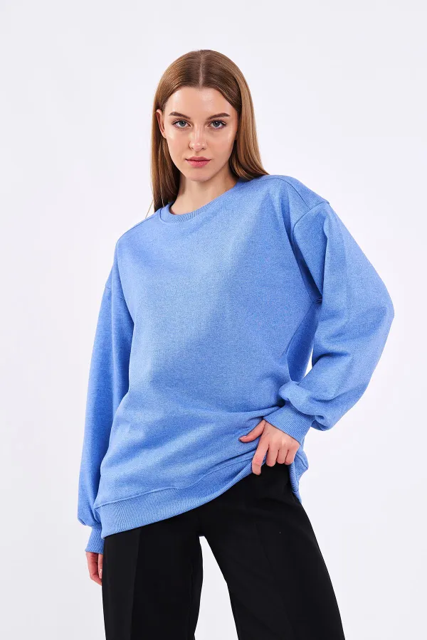 Sweat-shirt basique oversize en coton bleu pour femme, col rond.