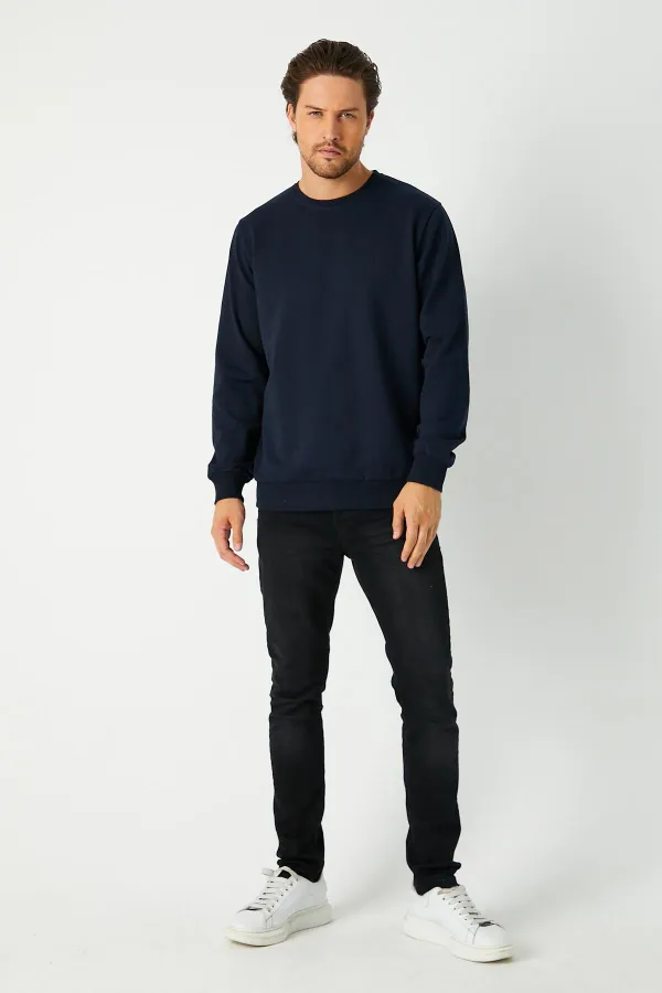 Erkek Lacivert Basic Bisiklet Yaka Sweatshirt 