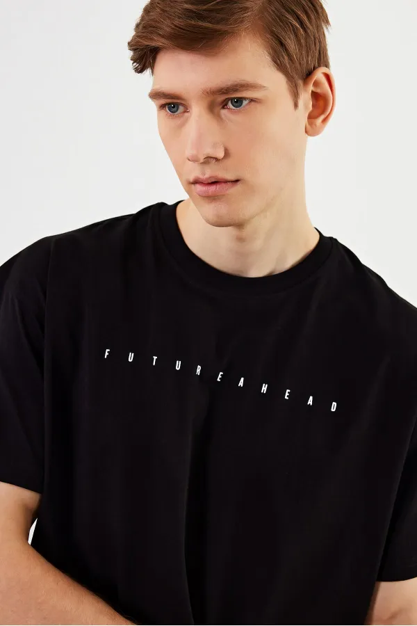 MTLCE76 Leo Men's Oversize T-shirt, 100% Cotton, Crew Neck, Printed Detail Basic T-shirt