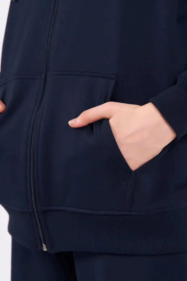 Ensemble de survêtement oversize bleu marine pour femme, coupe classique, taille élastique, capuche (haut et bas).