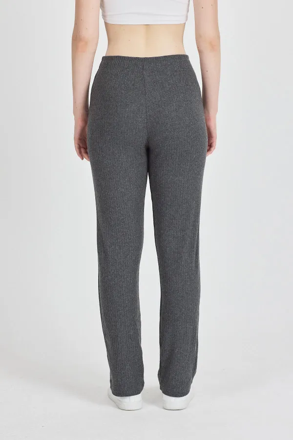 Füme Fitilli Geniş Paça Pamuklu İnce Yüksek Bel Kadın Eşofman Altı