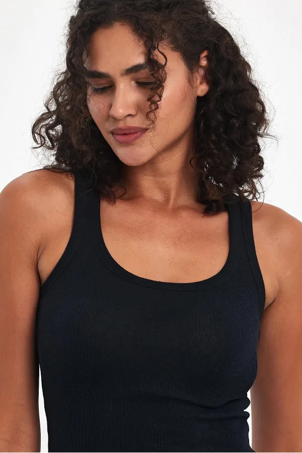 Kadın Lacivert Fitilli Görünümlü Askılı Kalın Basic Atlet