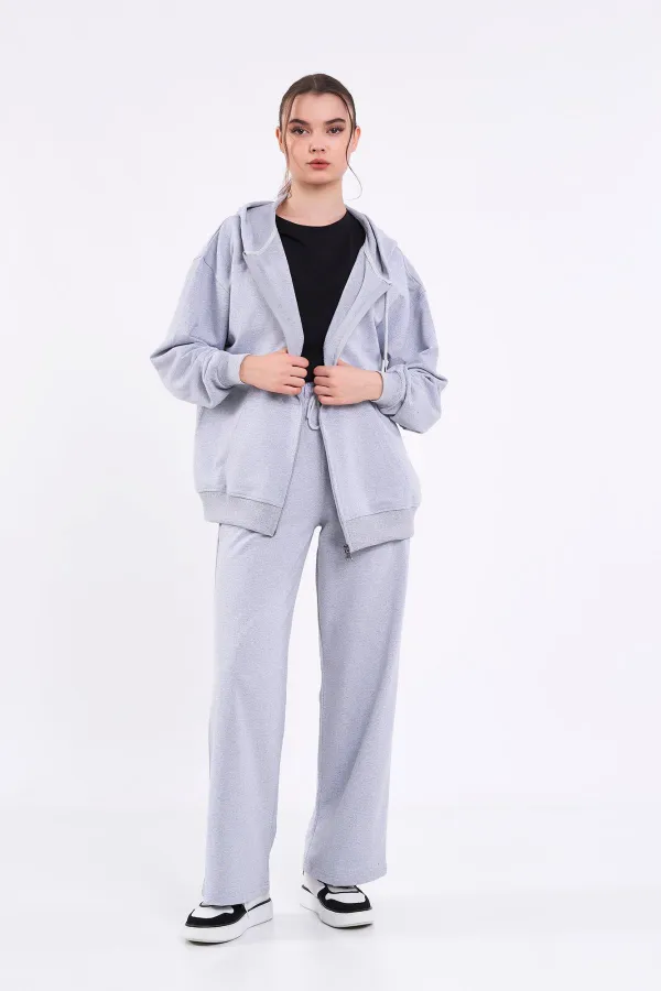 Ensemble de survêtement gris pour femme, coupe classique, taille élastique, capuche, oversize, saisonnier (haut et bas)