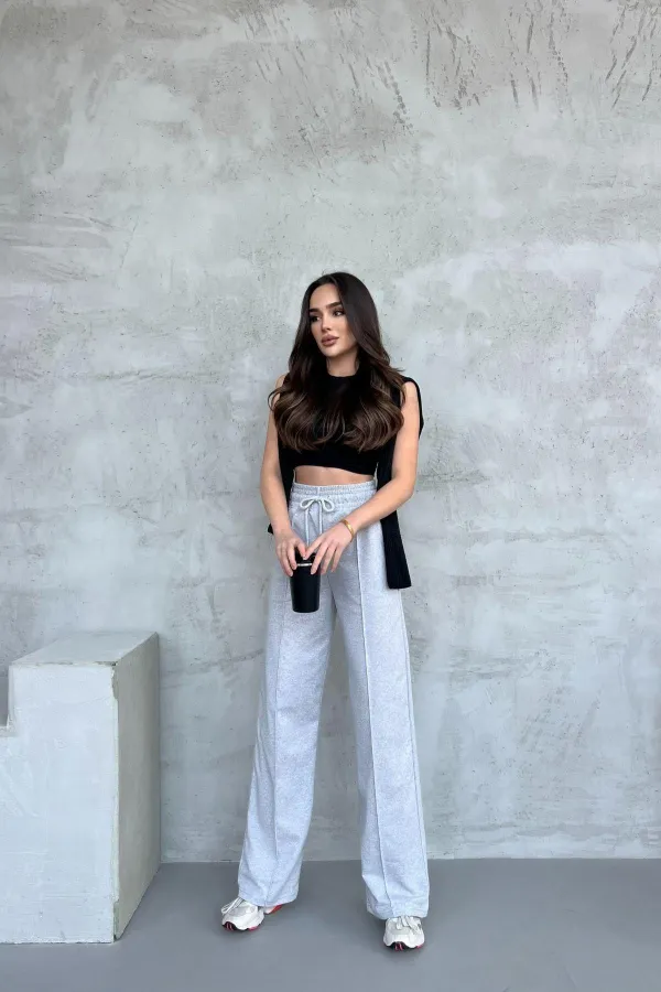 Kadın Mevsimlik Salaş Geniş Paça Yüksek Bel Gri Eşofman Altı