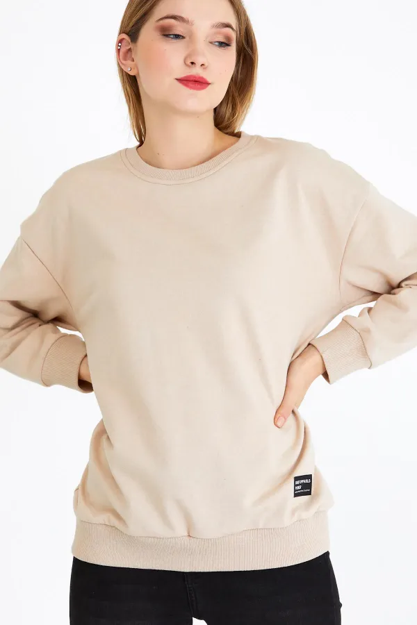 Women's Beige Color Basic Crew Neck Sweatshirt