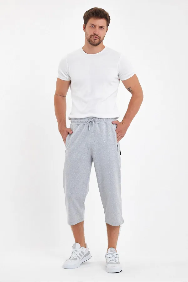 Erkek Cepleri Fermuarlı Gri Bermuda Diz Altı Kapri Beli Ayarlanabilir Lastikli Uzun Şort