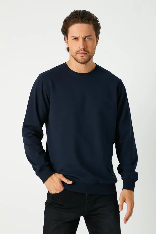 Erkek Lacivert Basic Bisiklet Yaka Sweatshirt 