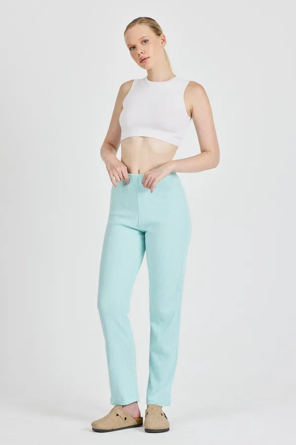 Aqua Green Ribbed Wide Leg Cotton Slim High Waist Women's Sweatpants