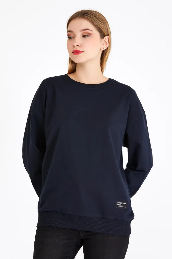 Women's Navy Blue Color Basic Crew Neck Sweatshirt