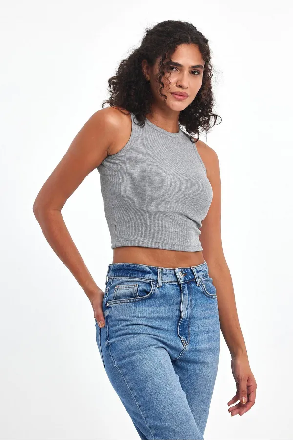 Kadın Gri Fitilli Görünümlü Askılı Kalın Esnek Örme Basic Crop Atlet