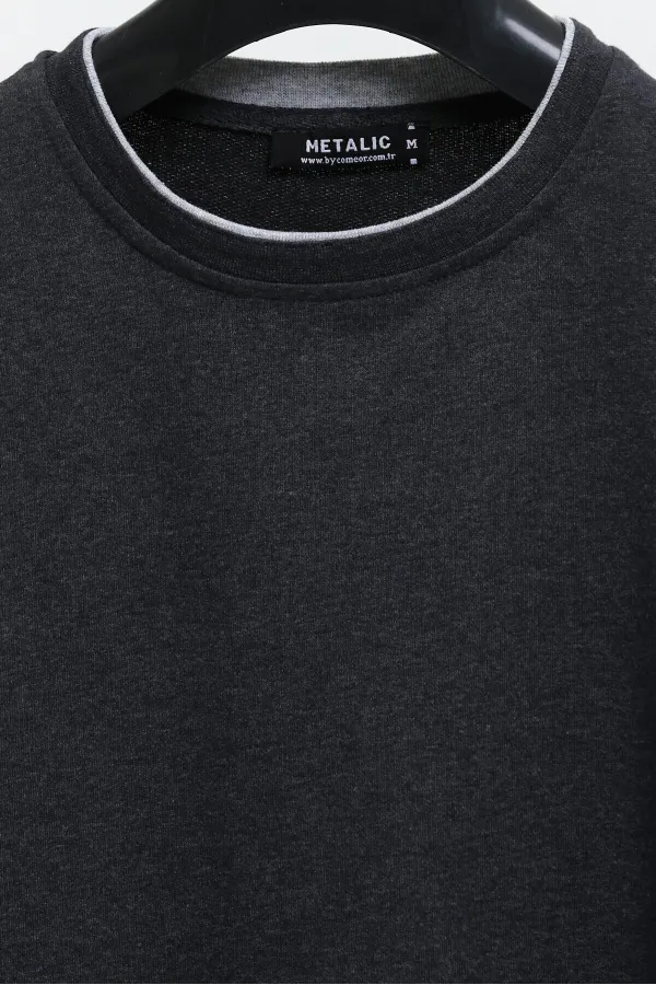 Sweat-shirt homme anthracite à col rond double et imprimé, coupe décontractée standard