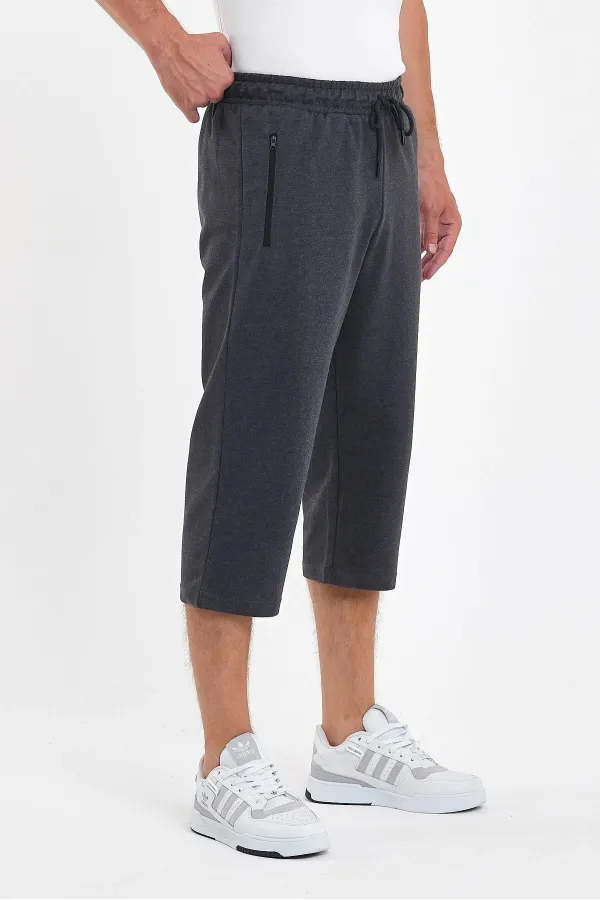 Erkek Cepleri Fermuarlı Antrasit Bermuda Diz Altı Kapri Beli Ayarlanabilir Lastikli Uzun Şort 