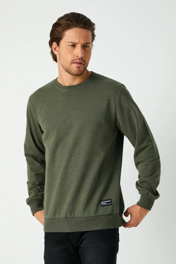 Erkek Basic Bisiklet Yaka Haki Sweatshirt 