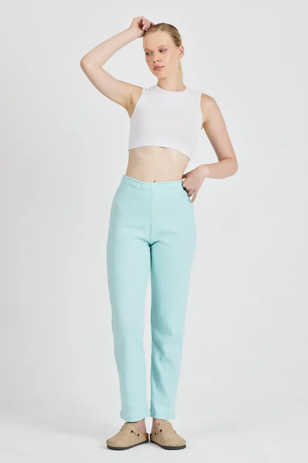 Aqua Green Ribbed Wide Leg Cotton Slim High Waist Women's Sweatpants