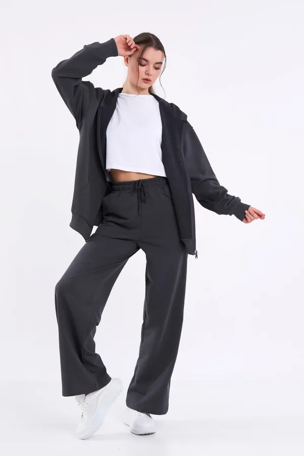 Ensemble de survêtement oversize à capuche pour femme, coupe classique anthracite, taille élastique, style saisonnier (haut et bas)