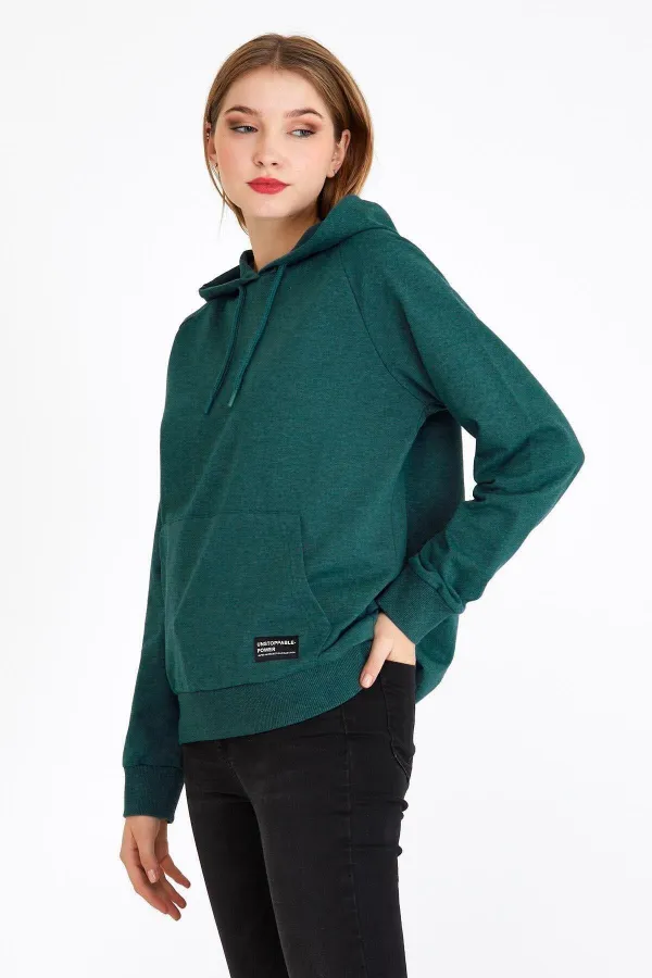 Women's Green Hooded Basic Knitted Sweatshirt