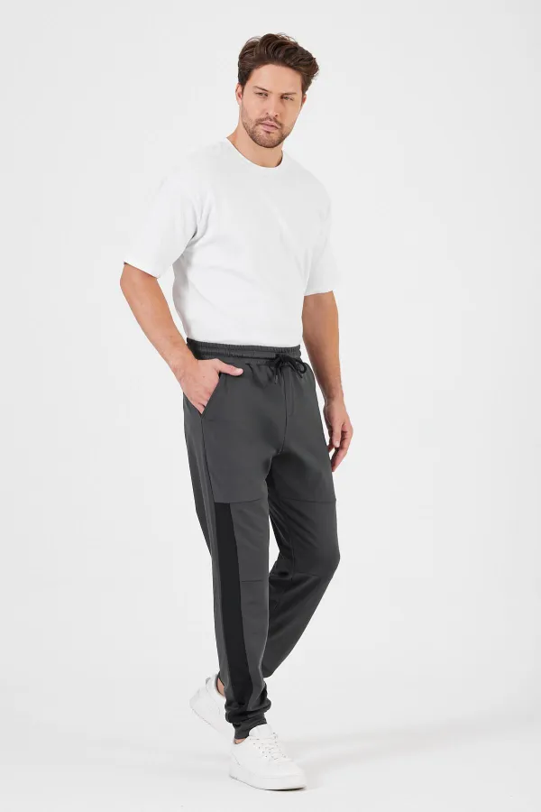 Erkek Siyah-Antrasit Standart Fit Normal Kesim Paça Ribanalı Cepli Rahat Jogger 2'li Eşofman Altı MTLCE101-2