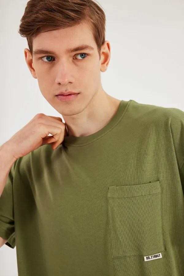 Leo Men's Oversize T-Shirt 100% Cotton Pocket Detail Crew Neck Basic T-Shirt MTLCE75