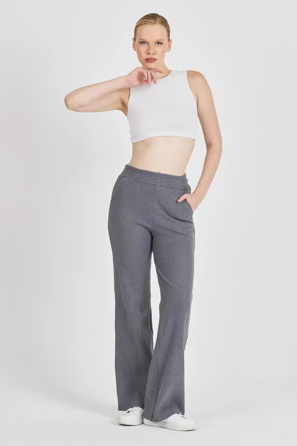 Füme Fitilli Geniş Paça Kaşkorse Yüksek Bel Cepli Kadın Eşofman Altı