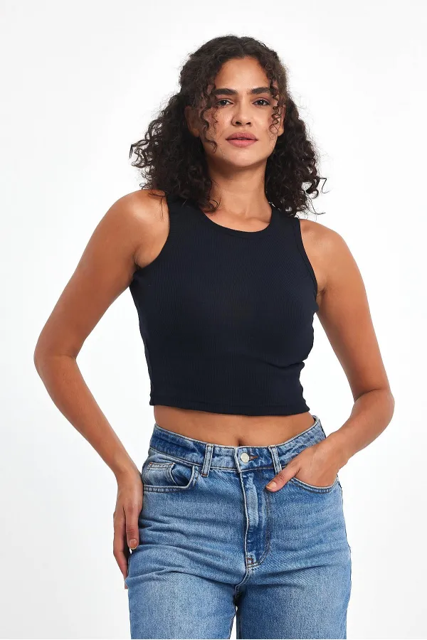 Débardeur basique à bretelles côtelées bleu marine pour femme