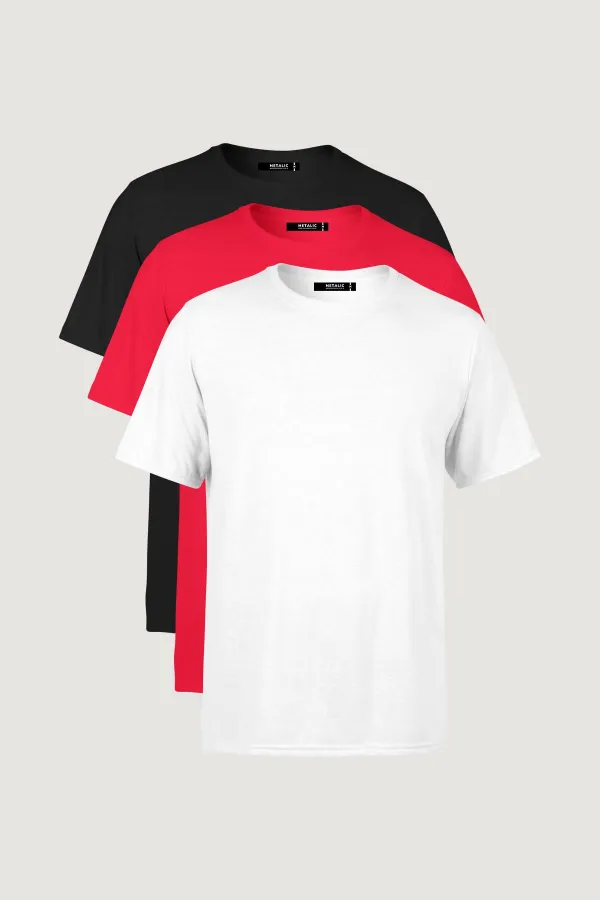 Erkek Çok Renkli T- Shirt Regular Fit Rahat Kesim Bisiklet Yaka 3'lü Basic Tişört Paketi