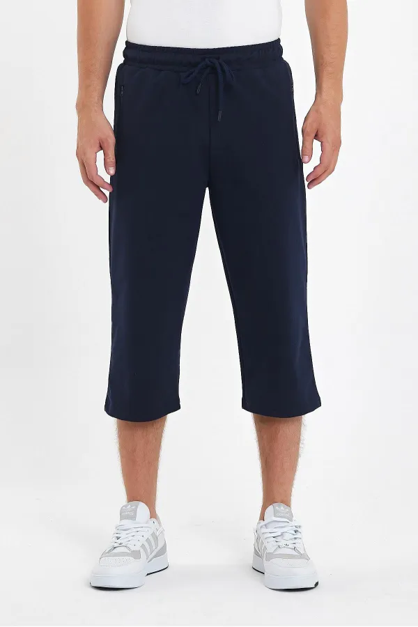 Erkek Cepleri Fermuarlı Lacivert Bermuda Diz Altı Kapri Beli Ayarlanabilir Lastikli Uzun Şort 