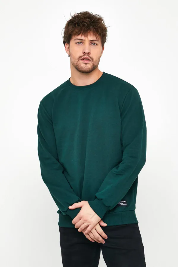 Erkek Koyu Yeşil Basic Bisiklet Yaka Sweatshirt 