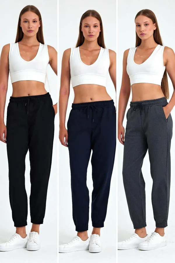 Kadın Siyah-Lacivert-Antrasit Pamuklu Kalın Paçası Lastikli Yüksek Bel Rahat Jogger 3'lü Eşofman Altı
