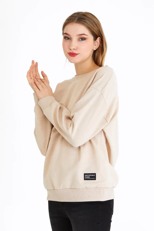 Women's Beige Color Basic Crew Neck Sweatshirt